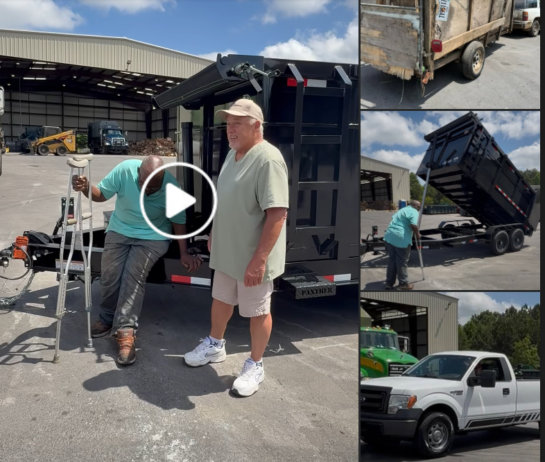 Rick with a local man beside a dump trailer, with additional views of the trailer