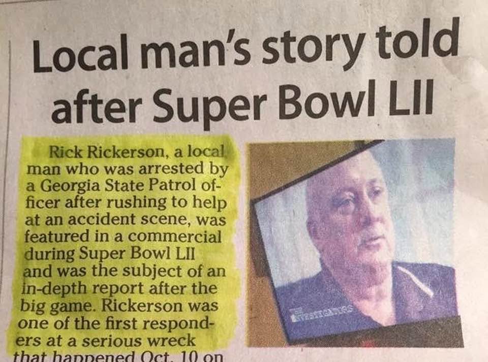 Newspaper clipping about Rick Rickerson stopping to help at a serious accident scene
